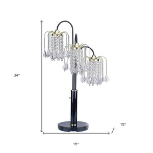 HomeRoots 34" Stylish Black Metal Chandelier Table Lamp with Crystal Accents for Elegant Home Illumination 468444