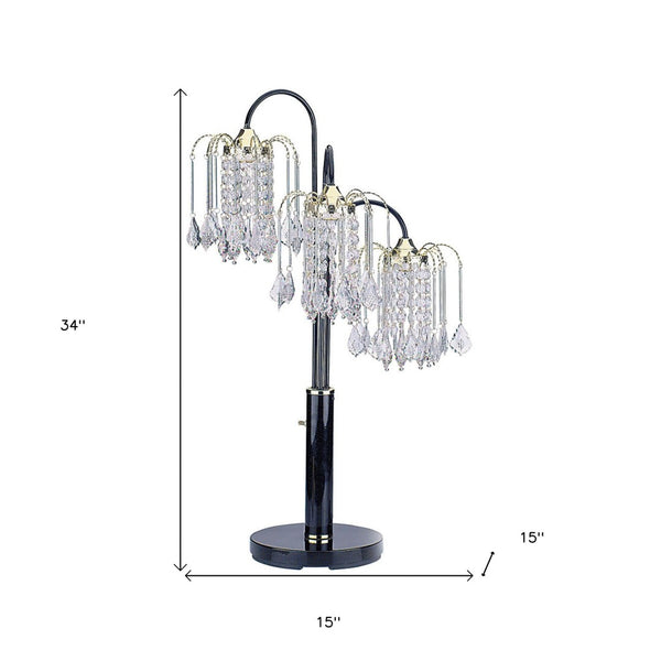 HomeRoots 34" Stylish Black Metal Chandelier Table Lamp with Crystal Accents for Elegant Home Illumination 468444