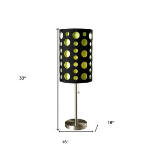 HomeRoots 33" Modern Silver Metal Table Lamp with Bold Black & Green Drum Shade for Stylish Interiors 468446