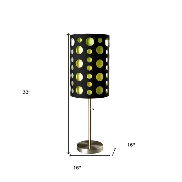 HomeRoots 33" Modern Silver Metal Table Lamp with Bold Black & Green Drum Shade for Stylish Interiors 468446