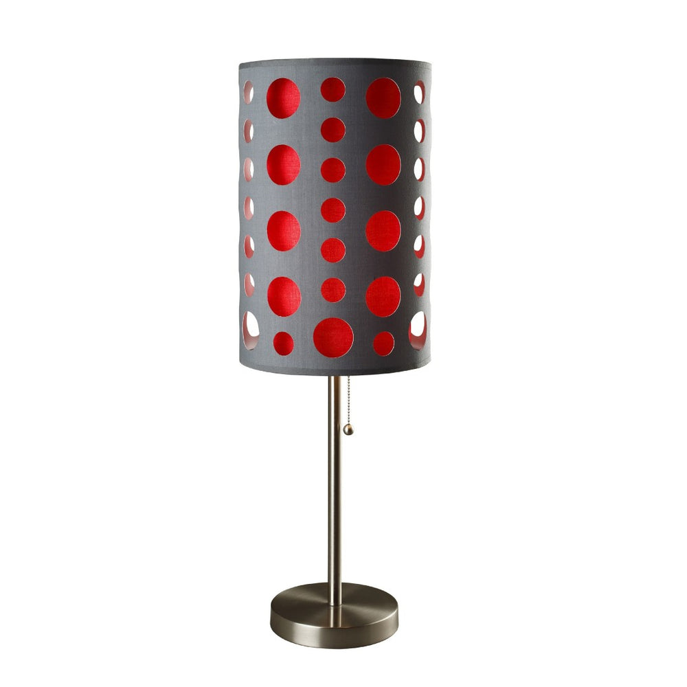 HomeRoots 33" Modern Metal Table Lamp with Vibrant Drum Shade, Pull-Chain Switch for Versatile Lighting Gray/Red 468451