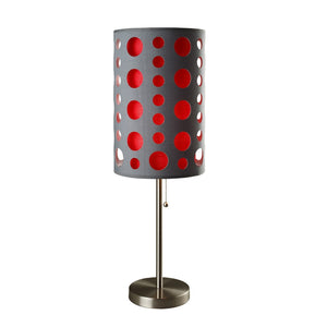 HomeRoots 33" Modern Metal Table Lamp with Vibrant Drum Shade, Pull-Chain Switch for Versatile Lighting Gray/Red 468451