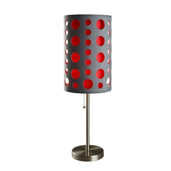 HomeRoots 33" Modern Metal Table Lamp with Vibrant Drum Shade, Pull-Chain Switch for Versatile Lighting Gray/Red 468451