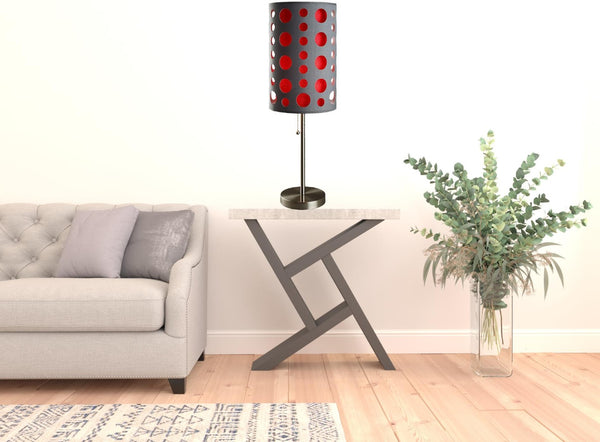 HomeRoots 33" Modern Metal Table Lamp with Vibrant Drum Shade, Pull-Chain Switch for Versatile Lighting Gray/Red 468451