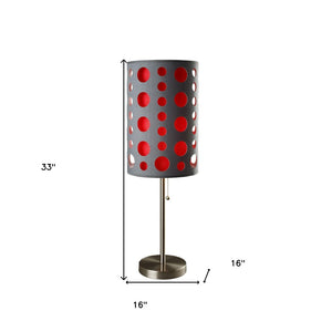 HomeRoots 33" Modern Metal Table Lamp with Vibrant Drum Shade, Pull-Chain Switch for Versatile Lighting Gray/Red 468451