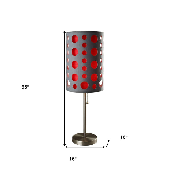 HomeRoots 33" Modern Metal Table Lamp with Vibrant Drum Shade, Pull-Chain Switch for Versatile Lighting Gray/Red 468451