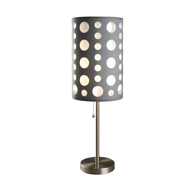 HomeRoots 33" Modern Metal Table Lamp with Vibrant Drum Shade, Pull-Chain Switch for Versatile Lighting Gray/White 468452