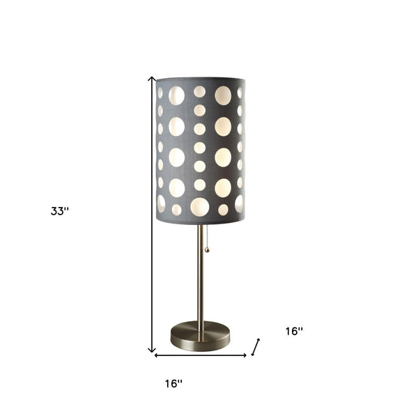 HomeRoots 33" Modern Metal Table Lamp with Vibrant Drum Shade, Pull-Chain Switch for Versatile Lighting Gray/White 468452