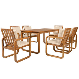 English Elm Outdoor Acacia Wood Dining Set Seats Six with Cushioned Armrest Chairs for Patio Natural Wood+Brown N719Z000200D