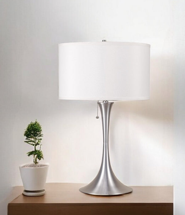HomeRoots 28" Silver Metal Bedside Lamp with White Shade - Modern Design for Cozy Lighting & Style Upgrade 468473