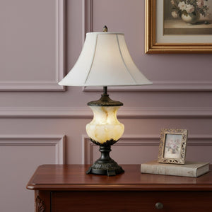 HomeRoots Black Metal and Alabaster Table Lamp - Sculptural Design with Warm Glow for Modern Home Décor Elegance 468481