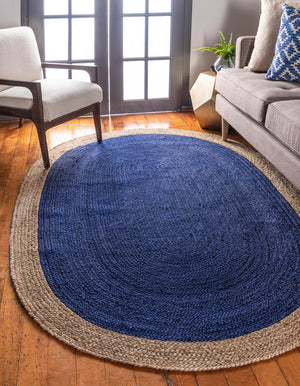 Unique Loom Braided Jute Goa Hand Braided Border Rug Navy Blue, Tan 3' 3" x 5' 1"