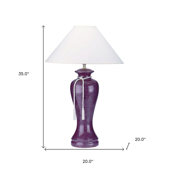 HomeRoots 35" Red Burgundy Glaze Ceramic Urn Table Lamp - Elegant White Empire Shade for Home Decor Charm 468550