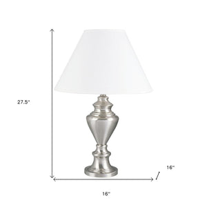 HomeRoots 28" Elegant Nickel Metal Urn Table Lamp with White Linen Shade - Perfect for Home Décor and Lighting 468566