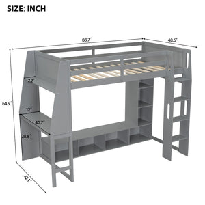 English Elm Wood Twin Size Gaming Loft Bed With Desk, Shelves, Led Lights & Clothes Rack - Gray Space Saver! N7090001041E-GIGA