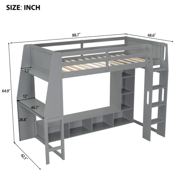 English Elm Wood Twin Size Gaming Loft Bed With Desk, Shelves, Led Lights & Clothes Rack - Gray Space Saver! N7090001041E-GIGA