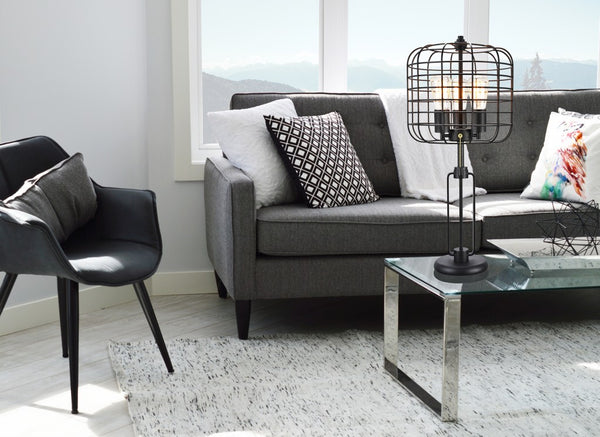 Homeroots 27" Black Metal Industrial Cage Design Three Light Table Lamp   468573