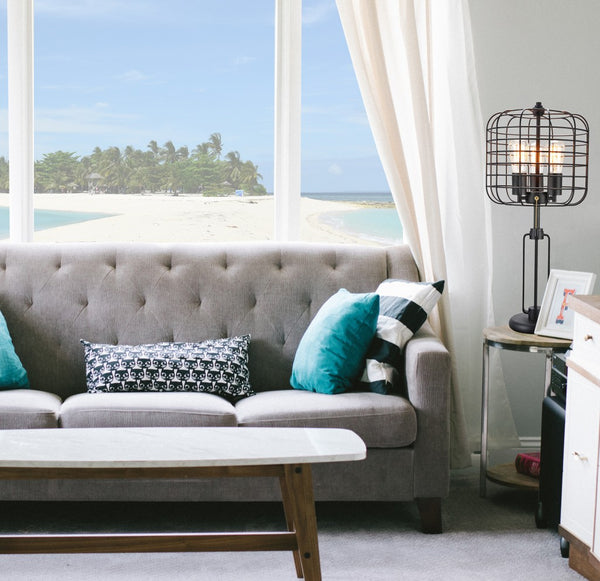 Homeroots 27" Black Metal Industrial Cage Design Three Light Table Lamp   468573