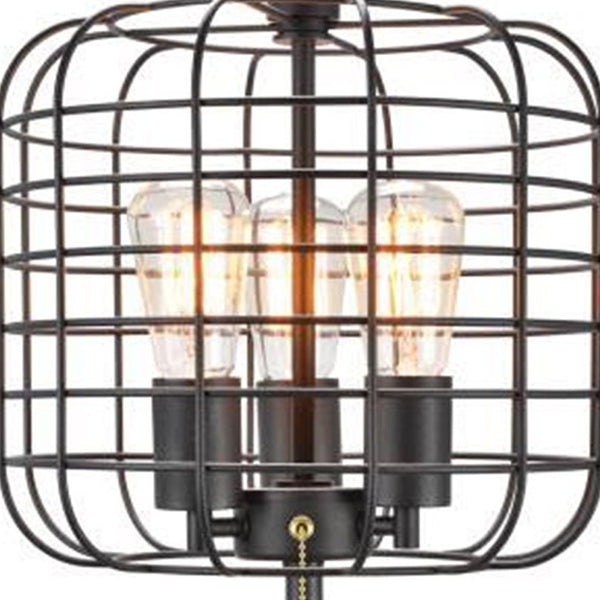 Homeroots 27" Black Metal Industrial Cage Design Three Light Table Lamp   468573