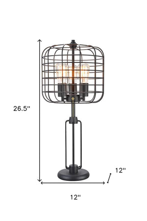 Homeroots 27" Black Metal Industrial Cage Design Three Light Table Lamp   468573