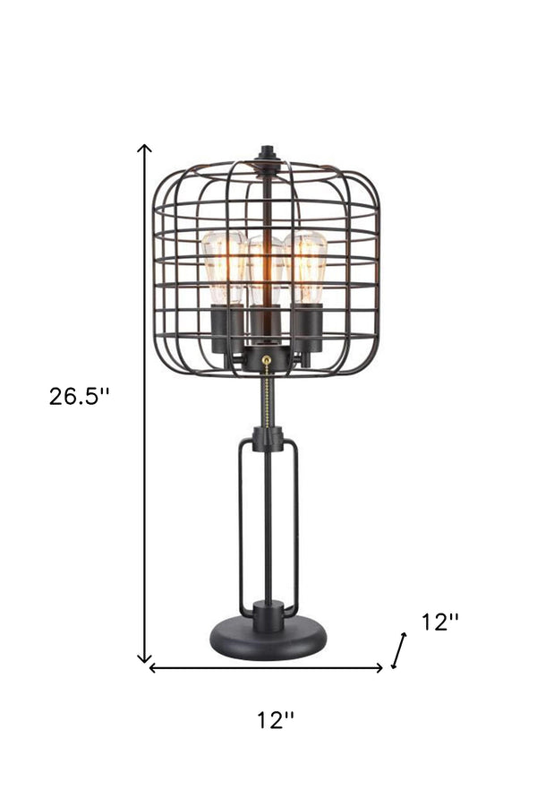 Homeroots 27" Black Metal Industrial Cage Design Three Light Table Lamp   468573