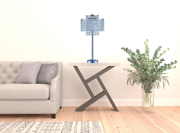 HomeRoots 26" Silver Glam Two-Tier Chandelier Table Lamp with USB Charging, Crystal Accents & Warm Glow 468577