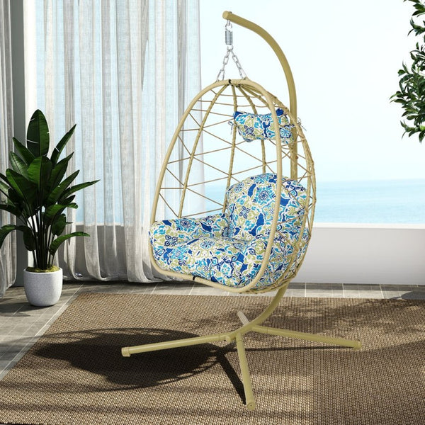 English Elm Hanging Egg Swing Chair Pe Wicker with Stand Washable Cushion Patio Bedroom T5880P497575