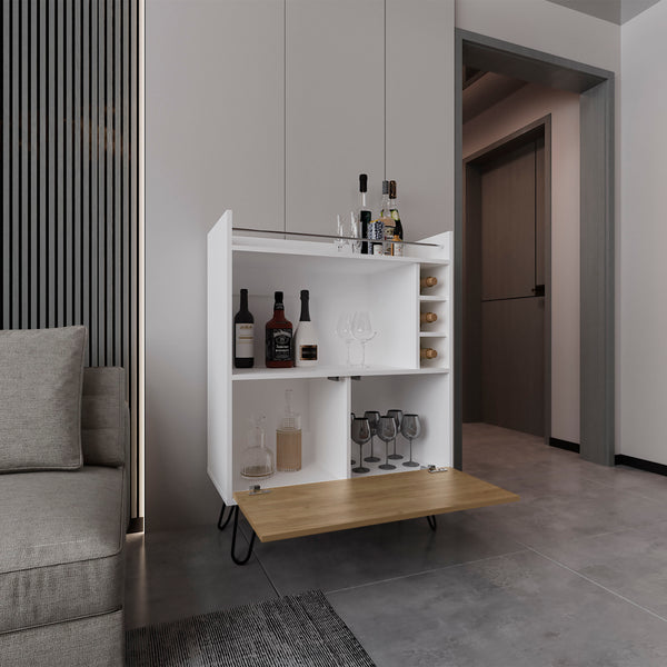 English Elm Bar Cabinet with Concealed Double Doors and 8 Wine Bottle Slots, Durable Engineered Wood Storage Solution White 44.88 L x 20.47 W x 6.3 H B097P296874