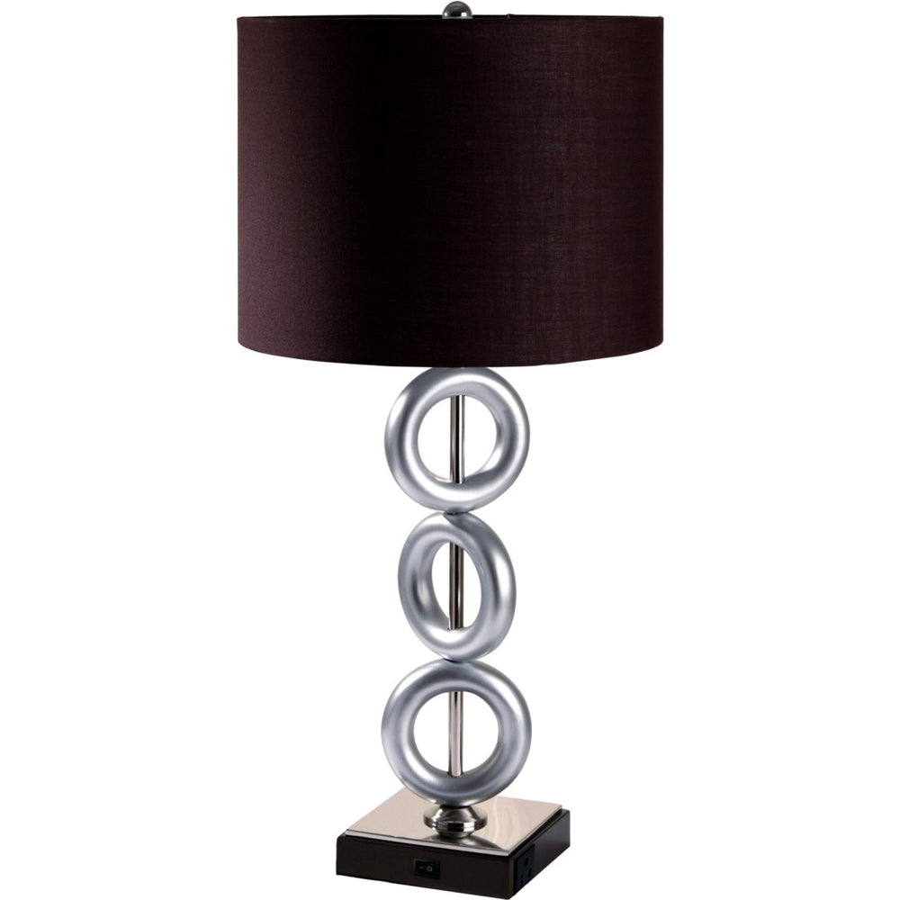 HomeRoots 29" Silver Ceramic Geometric Table Lamp - Modern Accent with Classic Brown Drum Shade for Cozy Lighting 468597