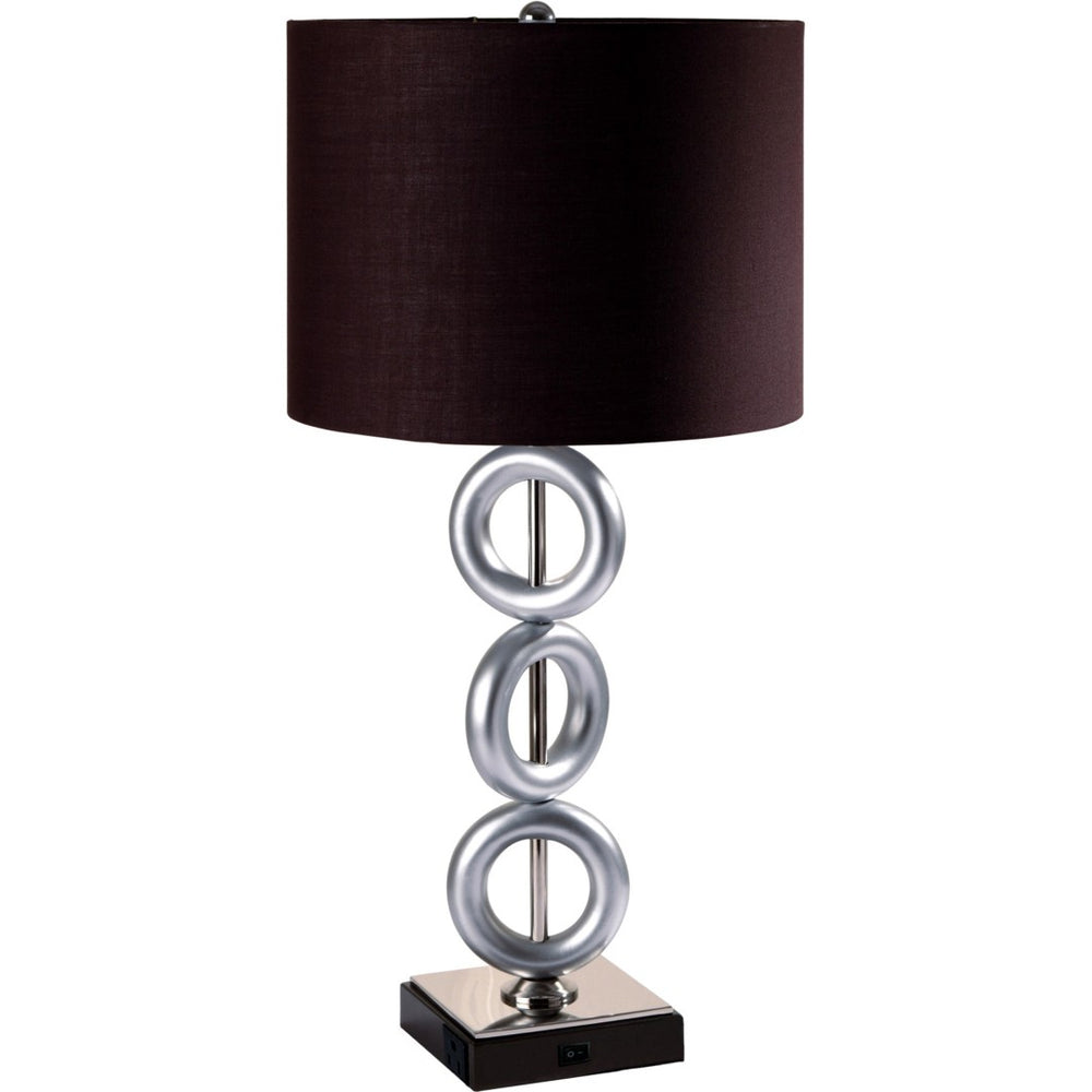 HomeRoots 29" Silver Ceramic Geometric Table Lamp - Modern Accent with Classic Brown Drum Shade for Cozy Lighting 468597