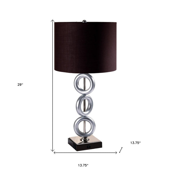 HomeRoots 29" Silver Ceramic Geometric Table Lamp - Modern Accent with Classic Brown Drum Shade for Cozy Lighting 468597