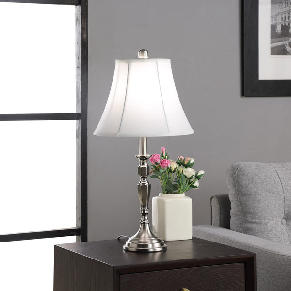 Homeroots 25" Nickel Metal Bedside Table Lamp With White Bell Shade  Metal 468607