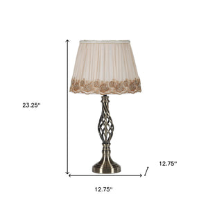 Homeroots 23" Antiqued Brass Metal Novelty Bedside Lamp With Brown And White Empire Shade   468613