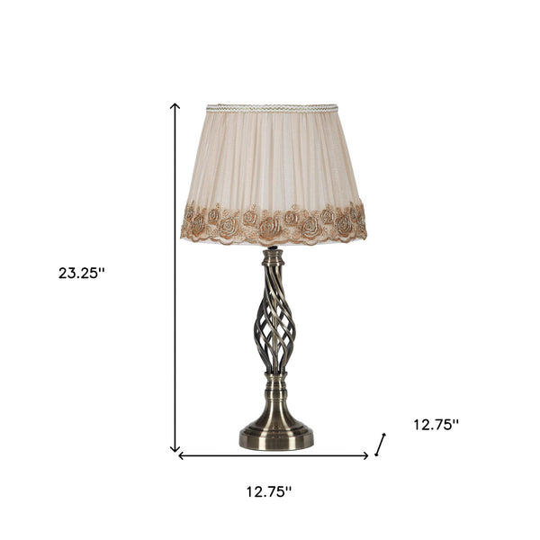 Homeroots 23" Antiqued Brass Metal Novelty Bedside Lamp With Brown And White Empire Shade   468613