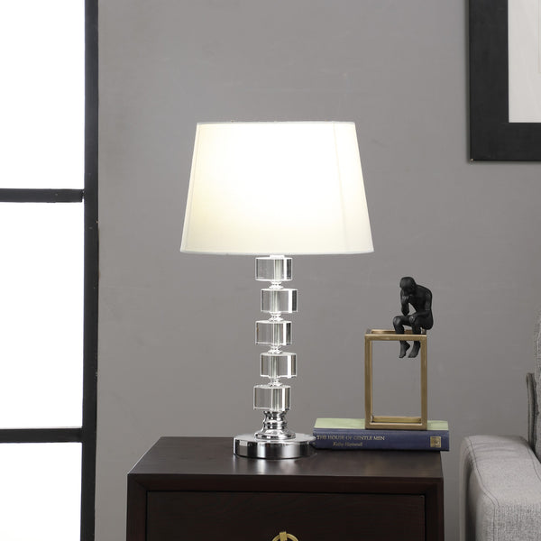 Homeroots 20" Silver Crystal Stacked Geo Cubes Table Lamp With White Classic Empire Shade   468614