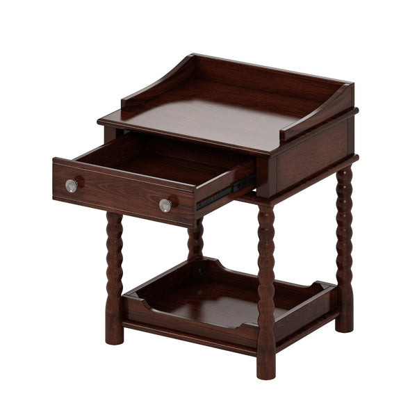 English Elm Retro Bedside Nightstand with Turned Rubberwood Legs Open Shelf and Drawer Storage Walnut N733P206240D