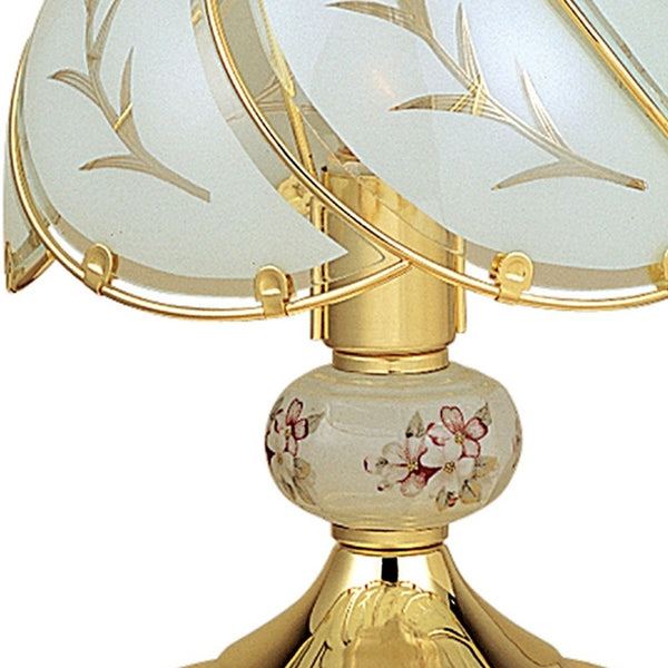 Homeroots 14" Gold Bedside Table Lamp With Floral Frosted Glass Shade   468620