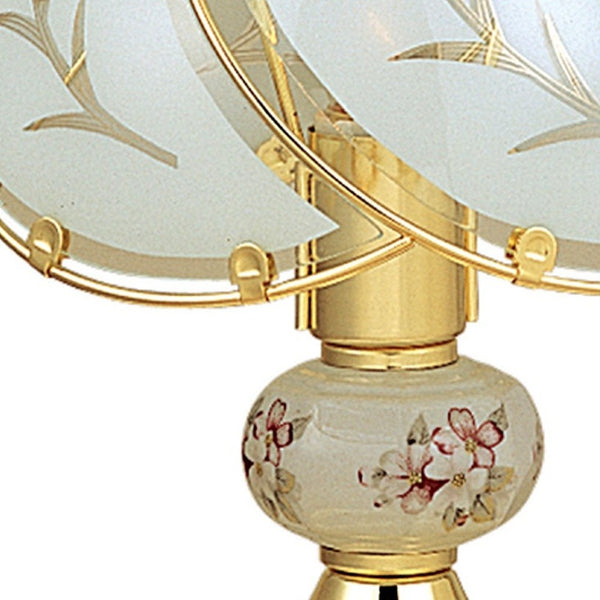 Homeroots 14" Gold Bedside Table Lamp With Floral Frosted Glass Shade   468620