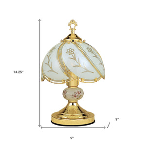 Homeroots 14" Gold Bedside Table Lamp With Floral Frosted Glass Shade   468620