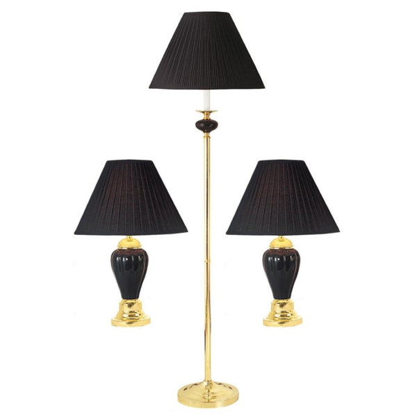 HomeRoots Set Of Three 64" Gold Ceramic Floor and Table Lamps with Elegant Empire Shades for Cozy Lighting Black 468623