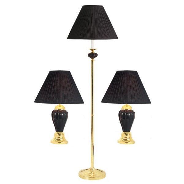 HomeRoots Set Of Three 64" Gold Ceramic Floor and Table Lamps with Elegant Empire Shades for Cozy Lighting Black 468623