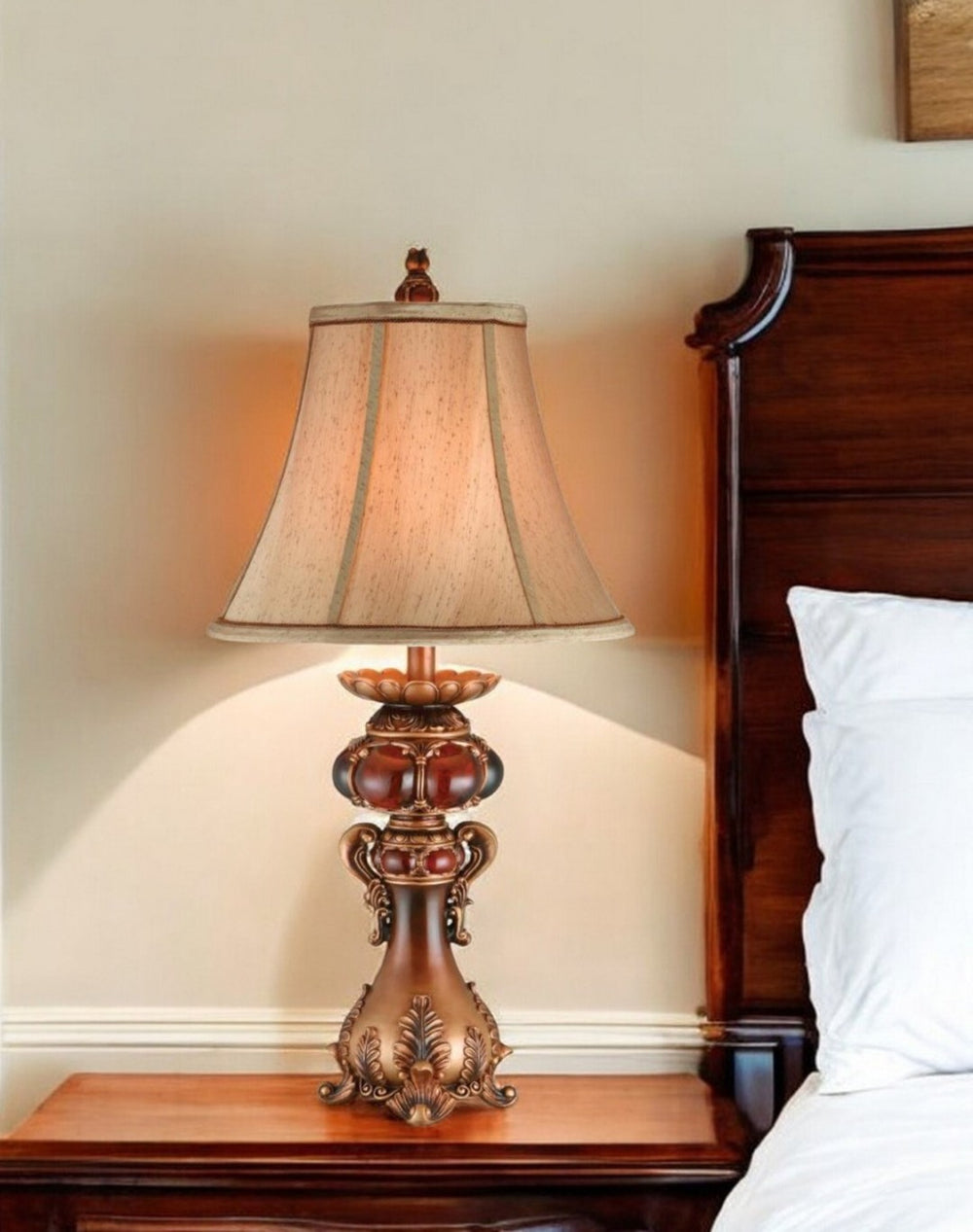 HomeRoots Antique Table Lamp with Linen Shade - Vintage Charm for Transitional Decor, 3-Way Brightness Control 468631