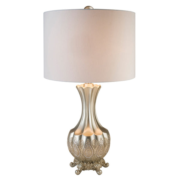 Homeroots Elegant Silver Table Lamp With White Linen Lamp Shade   468632