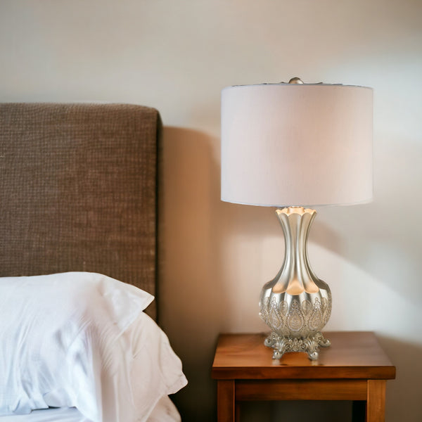 Homeroots Elegant Silver Table Lamp With White Linen Lamp Shade   468632