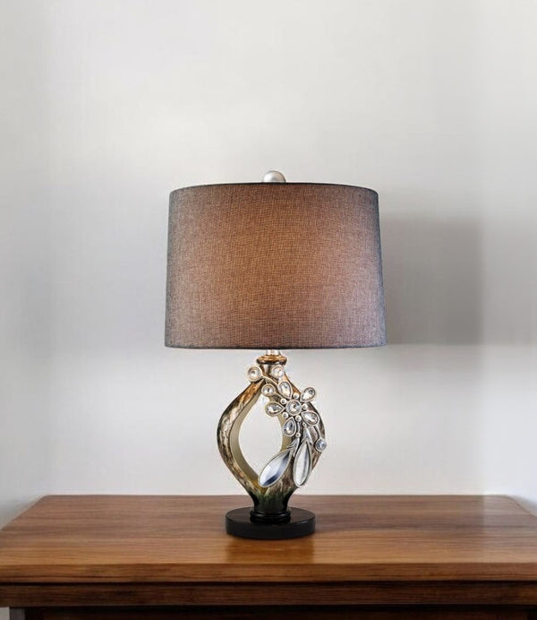 HomeRoots Brown Faux Crystal Glam Accent Table Lamp - Curvy Design with Gold Flecks, Fabric Shade & 3-Way Switch 468635