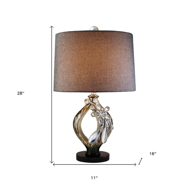 HomeRoots Brown Faux Crystal Glam Accent Table Lamp - Curvy Design with Gold Flecks, Fabric Shade & 3-Way Switch 468635