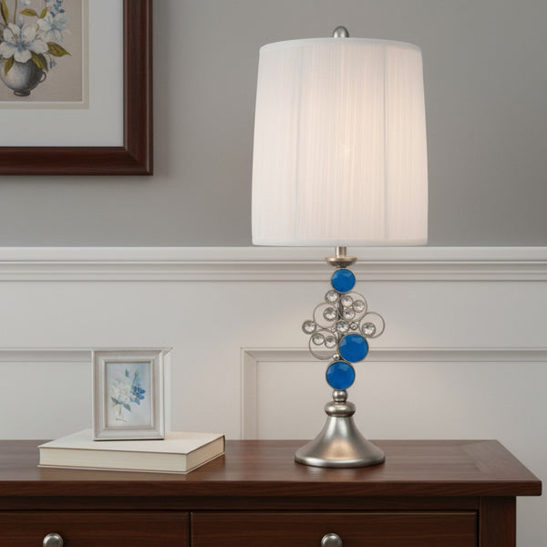 HomeRoots 21" Silver Bedside Lamp with White Shade - Elegant Faux-Crystal Base for Modern Glamour & Warm Light 468637