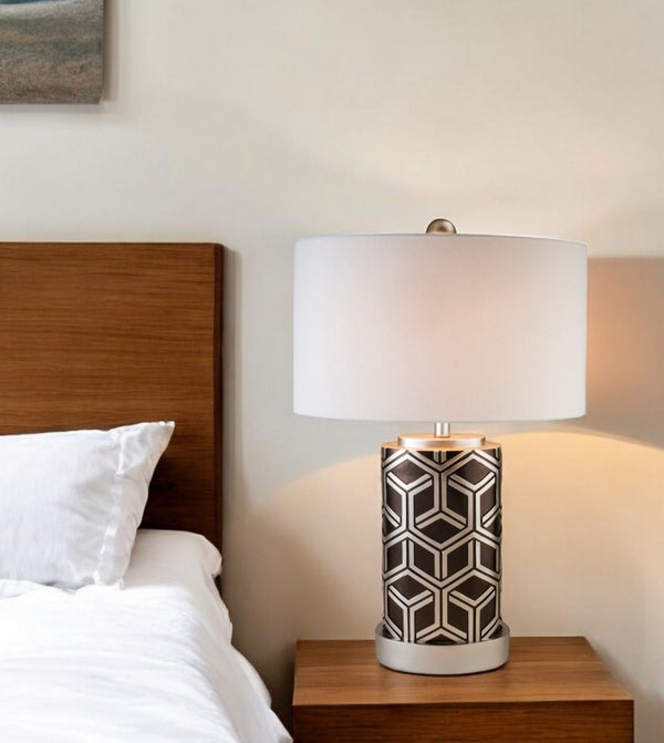 HomeRoots Deep Brown Geo Weave Table Lamp - Mid-Century Modern & Art Deco Accent for Stylish Living Spaces Chestnut Silver 468642