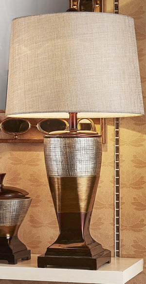 HomeRoots Exotic Brown and Gold Wide Stripe Table Lamp - Sculptural Design with Adjustable 3-Way Lighting Options 468649