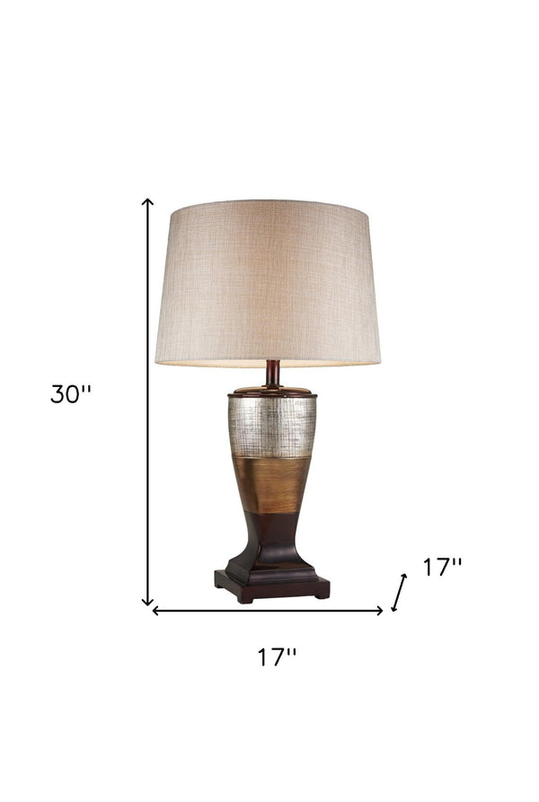 HomeRoots Exotic Brown and Gold Wide Stripe Table Lamp - Sculptural Design with Adjustable 3-Way Lighting Options 468649